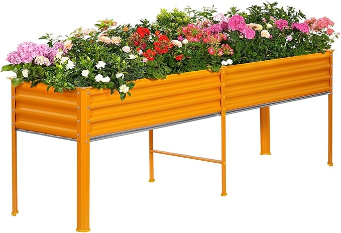 Land Guard Galvanized Raised Garden Bed with Legs, 96×24×32in Raised Garden Beds Outdoor with Drainage Holes, Planter Boxes Outdoor for Backyard, Patio, Balcony, 1200lb Capacity, Cream Yellow
