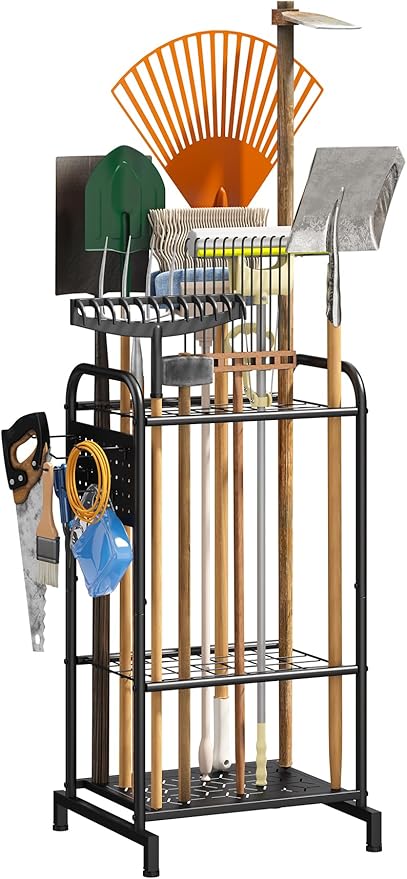 viewcare Garden Tool Organizer, Garden Tool Rack and Storage, Up to 35 Long-Handled Tools/Rakes/Brooms, Heavy Duty Steel Stand for Yard, Shed, Outdoor, Black