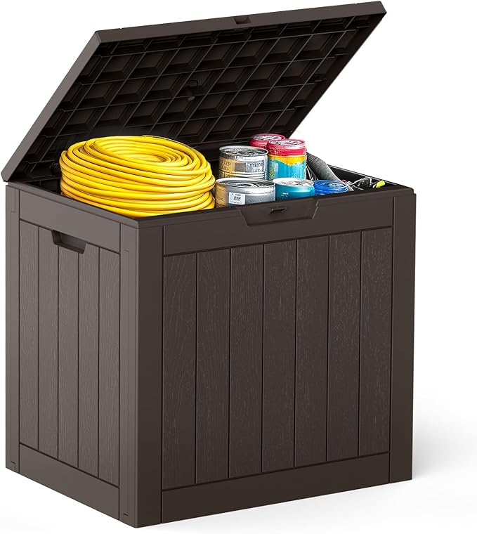DUMOS 31 Gallon Deck Box, Lockable Outside Storage Box for Outdoor Use, Outside Waterproof Resin Package Delivery Box for Backyard Patio Garden, Modern Brown