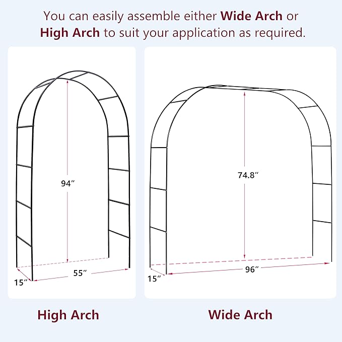 Garden Arch, Outdoor Flower Garden Arch Trellis, Sturdy Steel Arbor for Climbing Plants, Wedding Decoration, 94" H x 55" W, Black