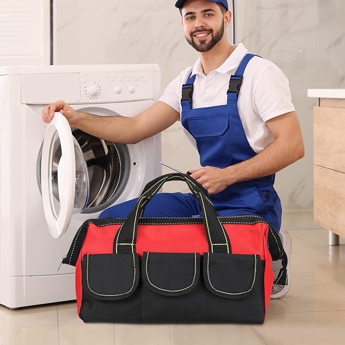 Sanwuta 3 Pack Tool Bag for Men with Waterproof Hard Bottom, Heavy Duty Tool Bag Wide Mouth Tote for Various Instrument, Electrician Carpenter Mechanic(Blue, Red, Yellow,13 Inch,Classic)