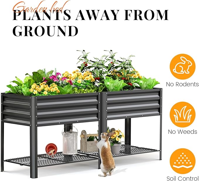 KING BIRD Large Raised Garden Bed with Legs & Storage Shelf Galvanized Elevated Planter Box for Backyard, Patio, Balcony, 600lb Capacity, Dark Grey 70.9x22.8x31.5 in