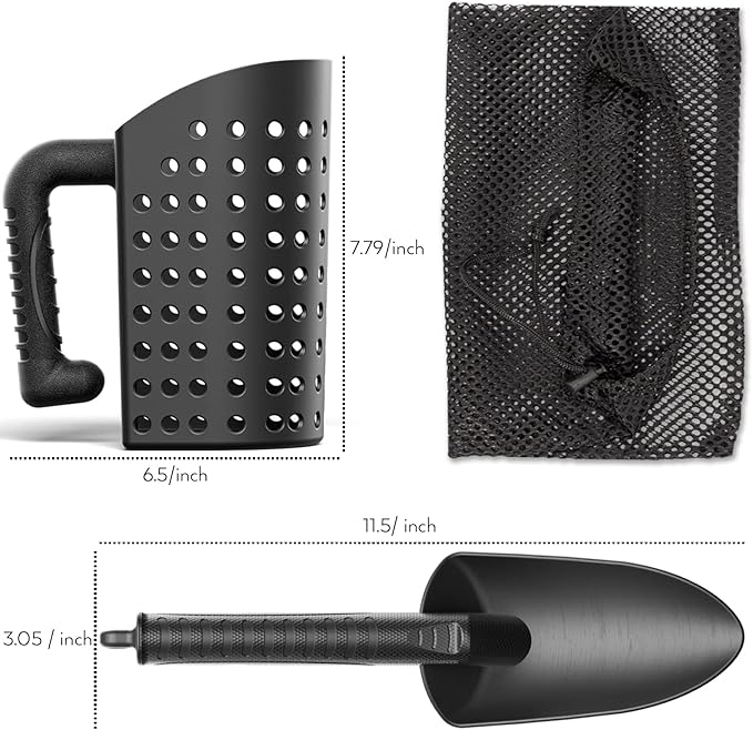 INCLY Sand Scoop & Shovel, Detecting Accessories for Kid & Adult Metal Detector, Sand Sifter Treasure Hunting & Digging Tool at The Beach & More, Black - Come with Mesh Bag