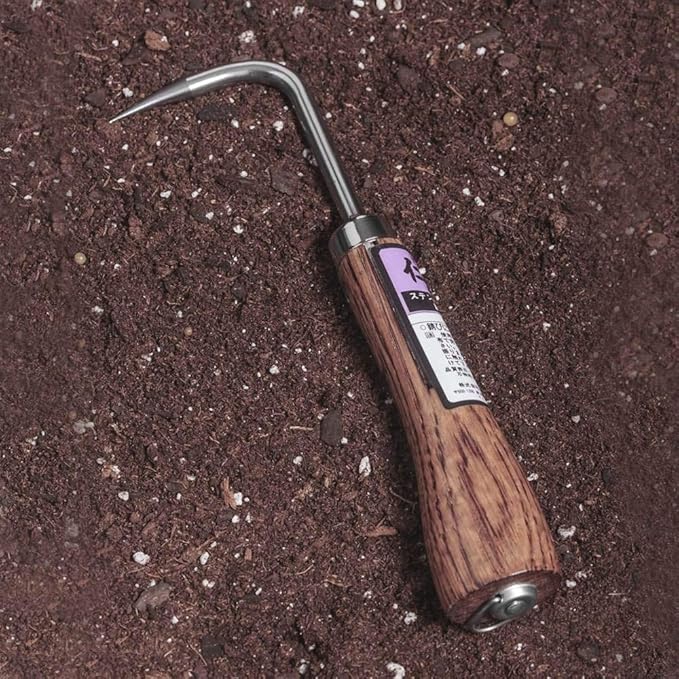Nisaku NJP955 Nekaki Ippondume Handheld Single Claw Cultivator, Japanese Stainless Steel Tine Length 1.5-Inch, 5.5-Inch Polished Wood Handle