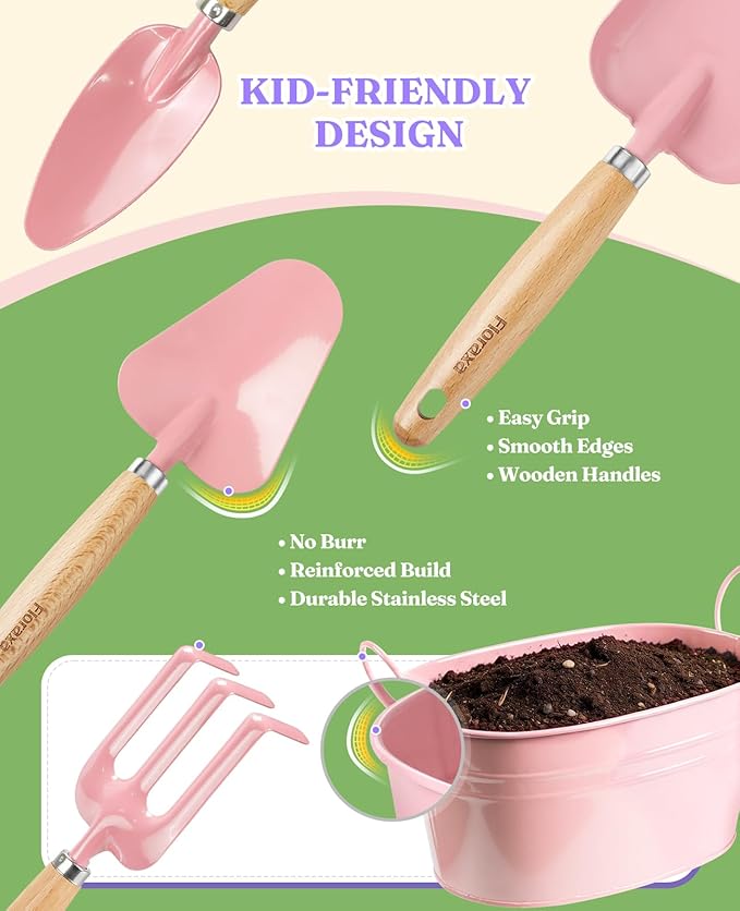 8Pcs Kids Gardening Set with Metal Basket & Real Metal Tools, STEM Outdoor Exploration Kit, Ergonomic Wooden Handles, 3 Shovels, Rake, Watering Can, Gloves, Toy Gift for Toddler Boys Girls