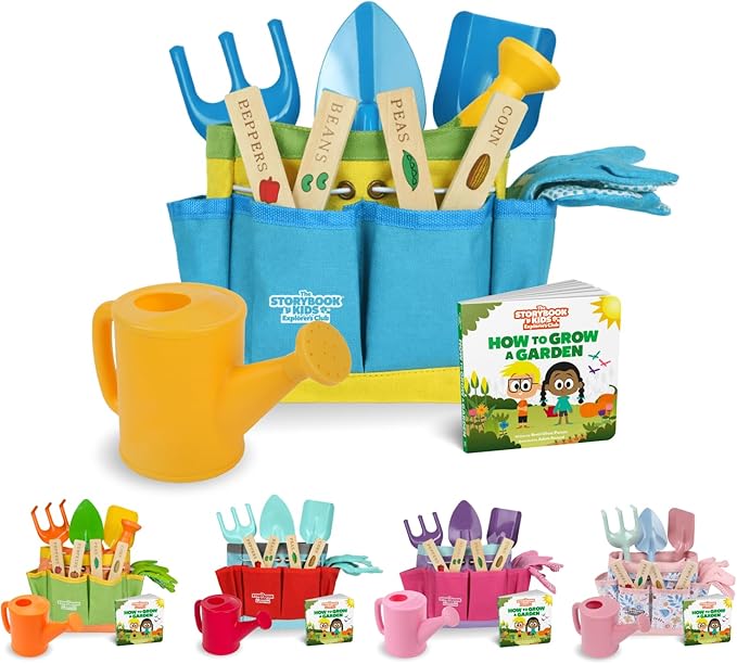 Blue Kids Gardening Tools - Includes Sturdy Tote Bag, Watering Can, Gloves, Shovels, Rake, and Delightful Children's Book - Kids Garden Tool Set -Easter Gifts for Toddler Age on up.