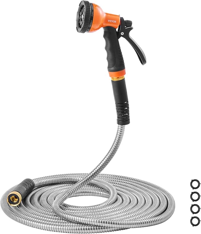 VEVOR Metal Garden Hose 200 ft, Heavy Duty Stainless Steel Water Hose with 10-Function Nozzle, No-Kink & Flexible Outdoor Garden Hose, Rust-Proof Lightweight Hose for Yard, RV, Car Wash