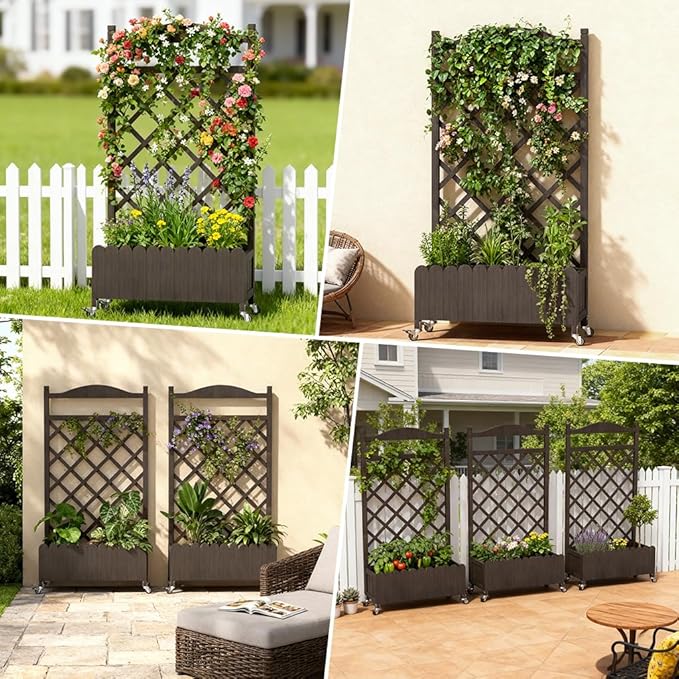 COMHOMA 2 Pack Raised Garden Bed with Trellis and Wheels,48Inch Elevated Planter Box with Drainage Holes,Lattice Privacy Screen for Climbing Plants Vegetables,Outdoor for Patio Balcony Yard,Brown