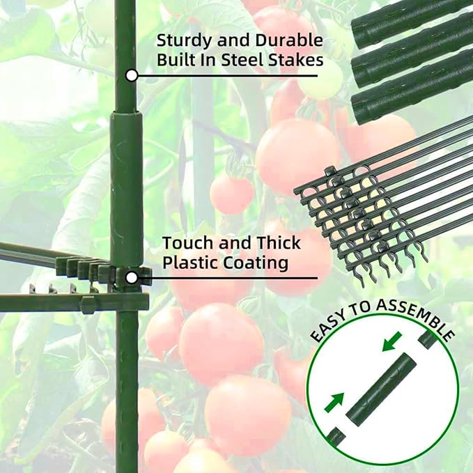 Tomato Cages - 4 Floor Up to 63lN Adiustable Snap-On Arms Tomato Trellis Expandable Tomato Cages，for Garden Tomato Plant Stakes Vegetables Flowers