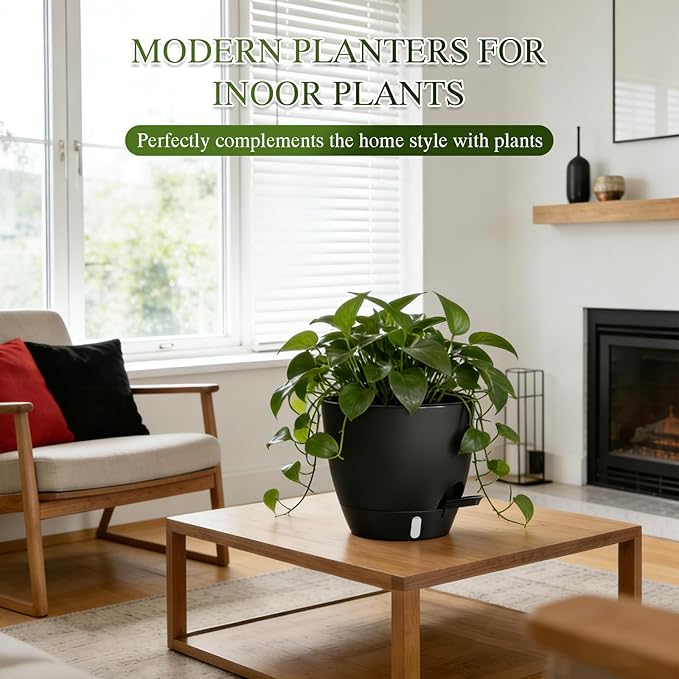 Self Watering Pots with Drainage Holes, 2 Pack 10 Inch Plant Pots with Water Level Indicator Deep Reservoir, Large Plastic Planter for Indoor Outdoor Plants - Black