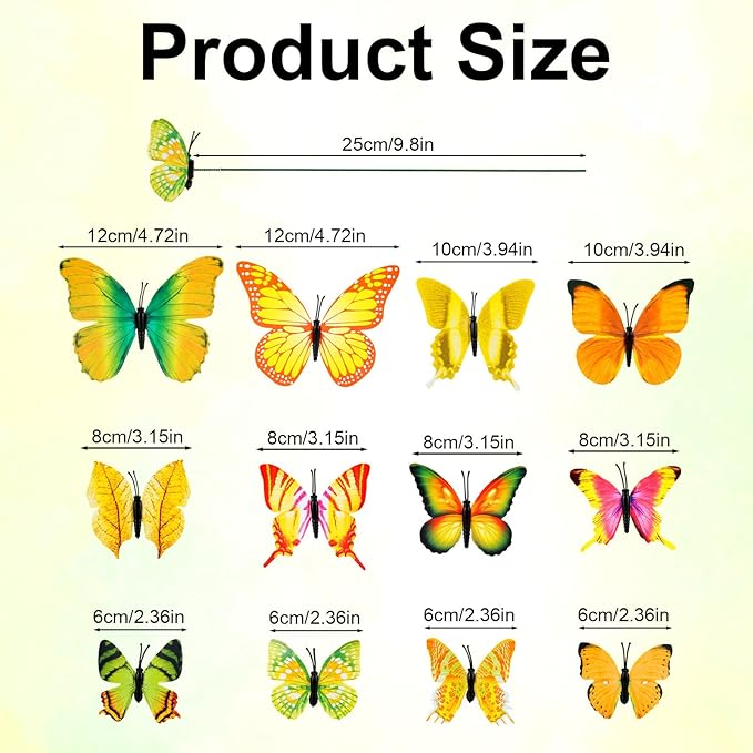12pcs Decorative Butterfly Plant Stakes, 9.8in Lifelike Butterfly Garden Stakes PVC Waterproof Flower Pot Decorations for Garden Lawn Patio Indoor Outdoor Yard Planter Art Decor (Yellow)