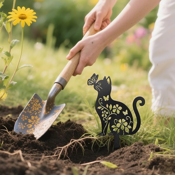 CUTHOLLOW Metal Plant Marker Stake Cat Flowers and Butterflies for Outdoor Indoor, Waterproof 11.8 inch Cute Garden Plant Labels Sign Tag for Herb, Farmhouse Greenhouse Decor - Funny Gardening Gifts
