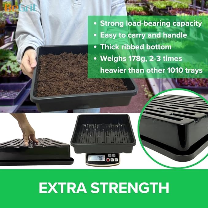 BeGrit 1010 Growing Trays Extra Strength Seed Tray 10" x 10" Without Drain Holes for Seedling Starter Microgreens Wheatgrass Fodder Hydroponic 5-Pack Black