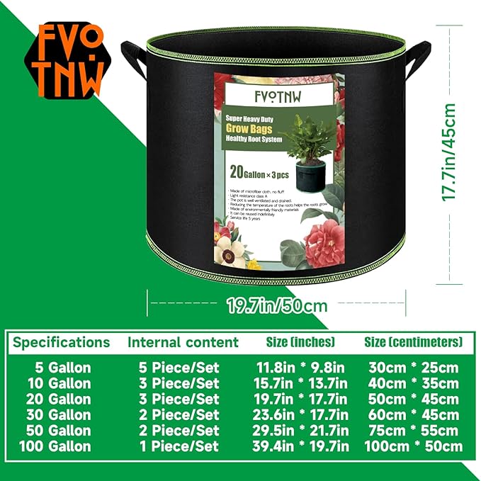3-Pack 20 Gallon Grow Bags, Thickened Nonwoven Fabric Pots with Handles,Sturdy Garden Planters Aeration Gardening Container to for Plants, Vegetables, and Flowers