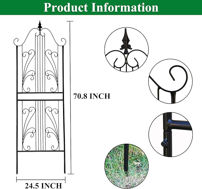 1 Pack 70.8" H x 24.5" W Garden Trellis for Climbing Plants Outdoor, Metal Trellises Decorative Garden Flower Trellis for Vines Plant Rose, Vegetable Support, Black
