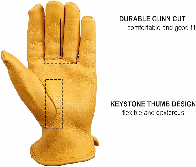 OZERO Leather Work Gloves: Mens Deerskin Gloves Soft Breathable Abrasion Resistant Gardening Firewood Glove - for Driving Riding Yardwork Ranch Farm Hunting Garage DIY for Men & Women (Gold,S)