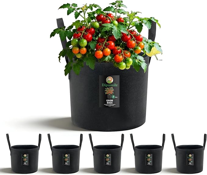 Dipuosile 6-Pack 7 Gallon Grow Bags Extra-Long Handles, Heavy Duty 300G Thickened Nonwoven, Fabric Growing Bags for Tomato, Potato,Vegetables, and Flowers