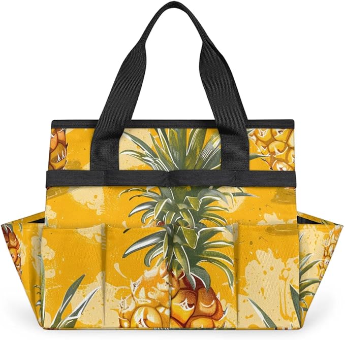Garden Tool Bag Organizer Garden Tote Bag with Pockets Doodle Pineapple Tool Storage Organizer Gardening Tool Kit Holder 13" x 6.8" x 2.8"