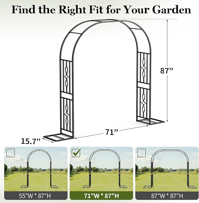 Metal Garden Arch, Heavy Duty Garden Trellis for Climbing Plants, with Enlarged Base for Stability, Perfect for Wedding Arches & Bridal Party Decorations, 71" W x 87" H