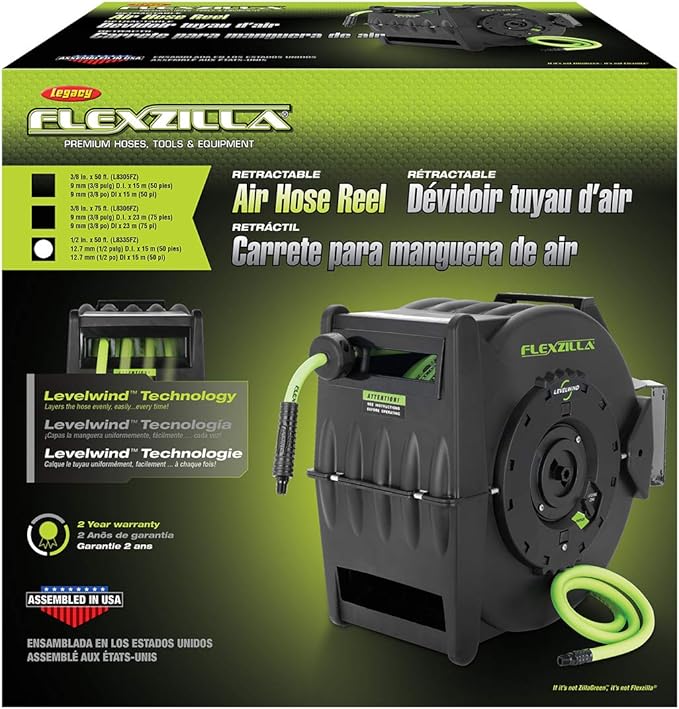 Flexzilla Pro Levelwind Retractable Air Hose Reel, 1/2 in. x 50 ft., Heavy Duty, Lightweight, Hybrid, ZillaGreen - L8335FZ