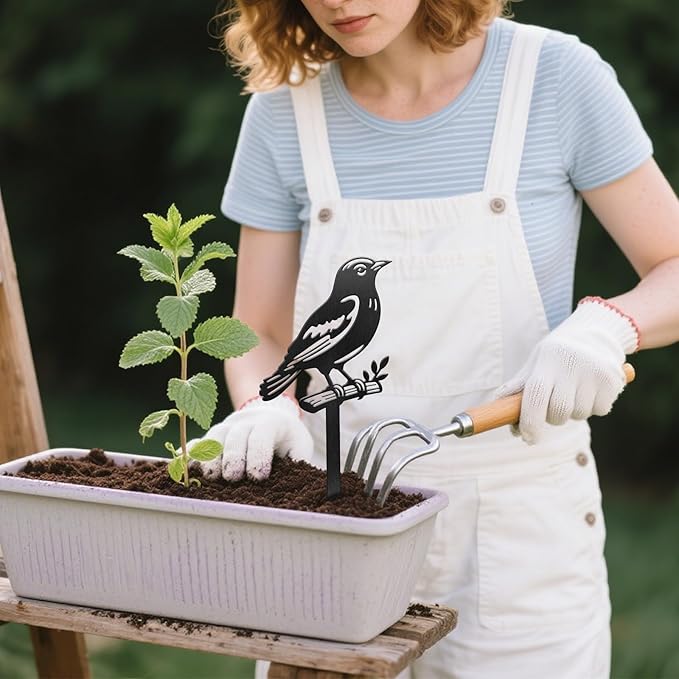 CUTHOLLOW Metal Plant Marker Stake Bird and Branch for Outdoor Indoor, Waterproof 11.8 inch Cute Garden Plant Labels Sign Tag for Herb, Farmhouse Greenhouse Decor - Funny Gardening Gifts