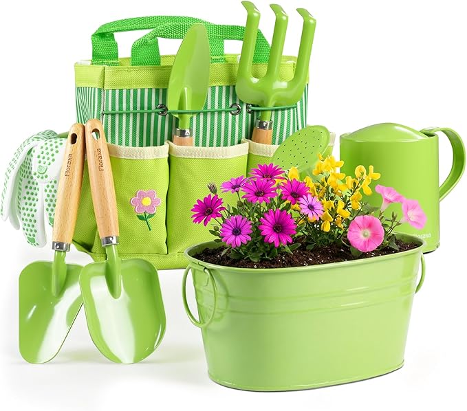 8Pcs Kids Gardening Set with Metal Basket & Real Metal Tools, STEM Outdoor Kit, Ergonomic Wooden Handles, 3 Shovels, Rake, Watering Can, Gloves, Gift for Toddler Boys Girls, Green