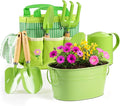 8Pcs Kids Gardening Set with Metal Basket & Real Metal Tools, STEM Outdoor Kit, Ergonomic Wooden Handles, 3 Shovels, Rake, Watering Can, Gloves, Gift for Toddler Boys Girls, Green