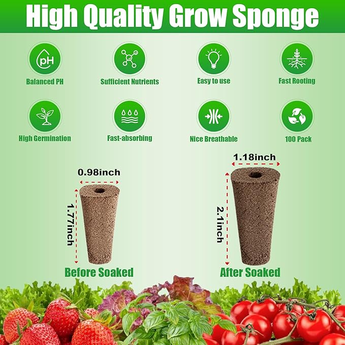 100pcs Grow Sponges Seed Starter Pods, Indoor Plants Hydroponics Supplies Compatible with QYO, LYKO,Idoo Hydroponics Growing System(Square)