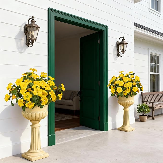 19 Inch Artificial Fake Flowers for Outdoor,4 Pcs Yellow Faux Silk Petunias Spring Flowers for Outside for Indoor Porch Planter Front Door Garden Patio Window Box Home Decor