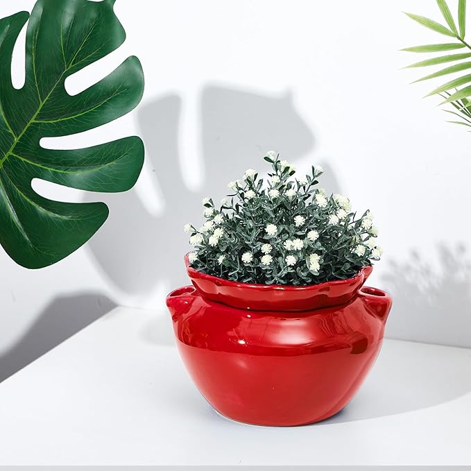 6.3 Inch African Violet Pots, Red Self Watering Pot for Indoor Plants, Ceramic Easy Plant Self Watering Pot for Thriving Plant Flower Maintenance