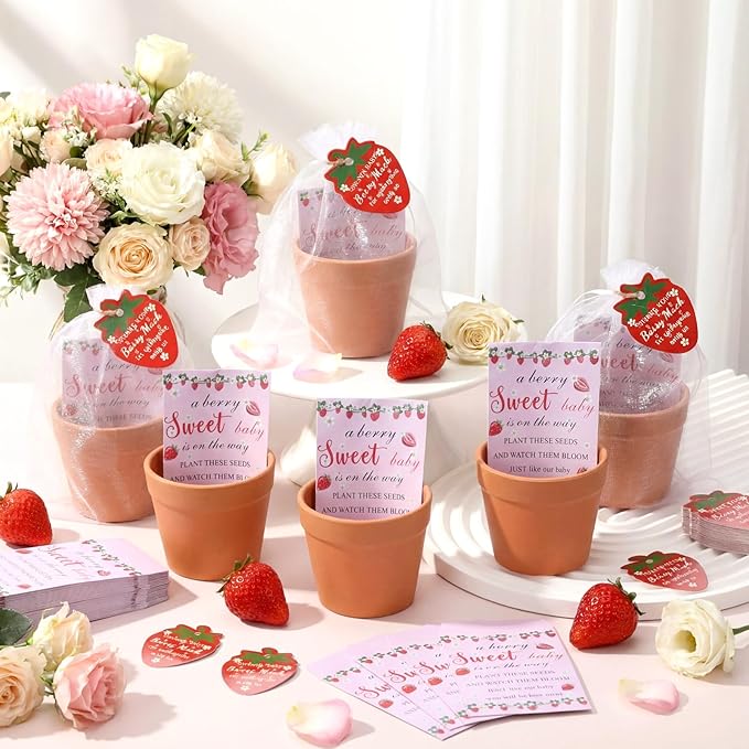 Ctosree 50 Sets Strawberry Baby Shower Favors for Guests a Berry Sweet Baby Is on the Way Seed Packets Include Self-adhesive Seed Packets Flowerpot Thank You Tags Organza Bags for Gender Reveal Party