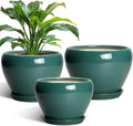 Ceramic Pots for Plants, 10+8+6 Inch Ceramic Plant Pot for Indoor Outdoor Plants, Round Indoor Flower Pots with Drainage Holes and Saucers, Garden Decor, Gift for Women, Set of 3, Dark Green