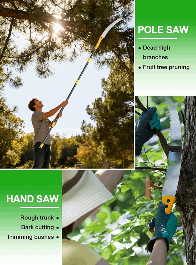 11.4FT Pole Saws for Tree Trimming: 2-in-1 Pole Saw With with Adjustable Length & Steel Blade Lightweight Manual Pruning Tool for Forestry Yard Garden Patio