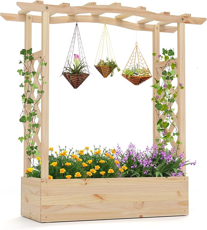 Giantex Raised Garden Bed with Sided Trellis & Hanging Roof, Wood Planter Box, Freestanding Garden Planter Raised Bed for Flowers Herbs Climbing Vines 44”x14”x45” (L x W x H)