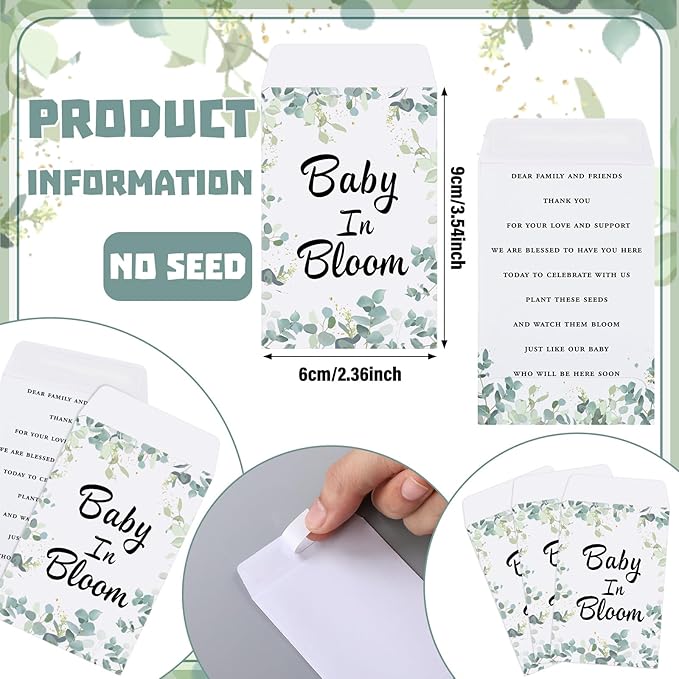 Ctosree 50 Sets Eucalyptus Leaf Baby in Bloom Baby Shower Seed Packets Favors for Guests Include Self Adhesive Seed Packets (No Seeds) Clay Plastic Flowerpot Thank You Tags Hemp Rope Organza Gift Bags
