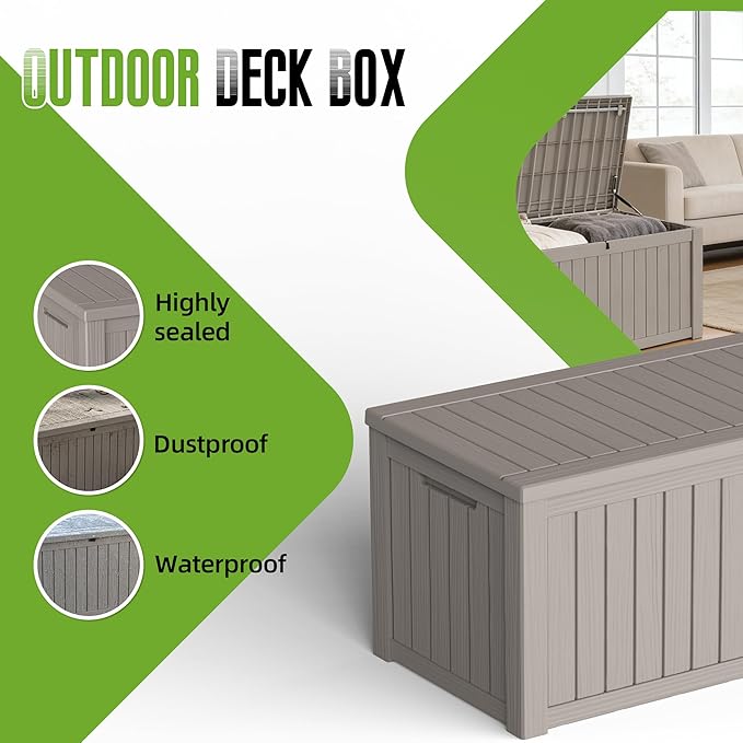 120 Gallon Outdoor Storage Deck Box Waterproof Resin Lockable Outside Bench Porch Patio Furniture Pool Float Garden Tool Cushion UV Resistant Bin Beige