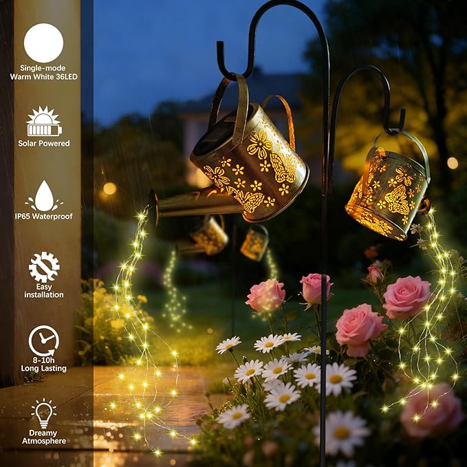 DDQ 2PC Metal Solar LED Watering Can Lights, Warm White LED Solar Lights for Backyard with Shepherd Hook, IP65 Waterproof Metal Garden Decor for Mom Family Holidays Gift