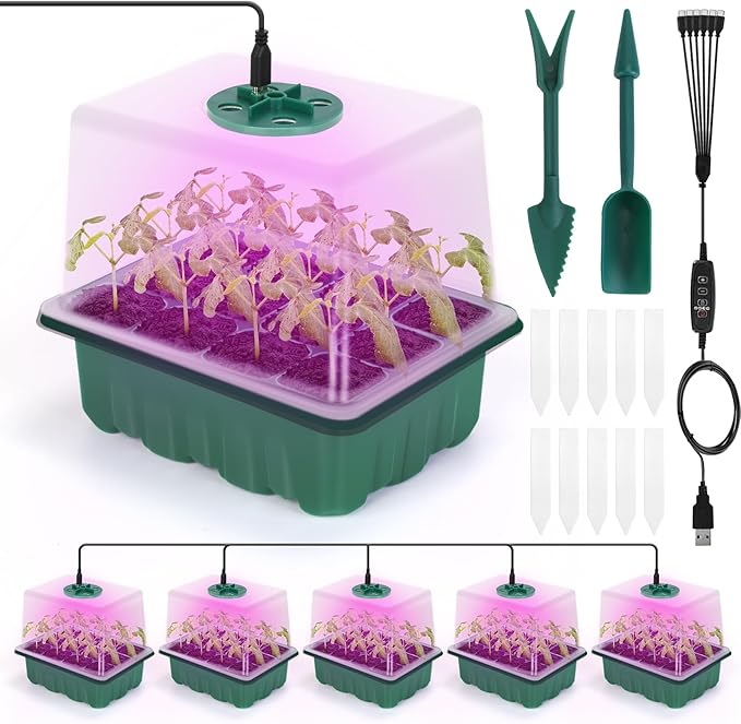 Seed Starter Tray with Grow Light, 6-Pack 72 Cell Seed Starter Trays, Germination Tray with Humidity Dome, Timing, Adjustable Brightness for Starting Vegetable, Flower, Indoor Herb Garden