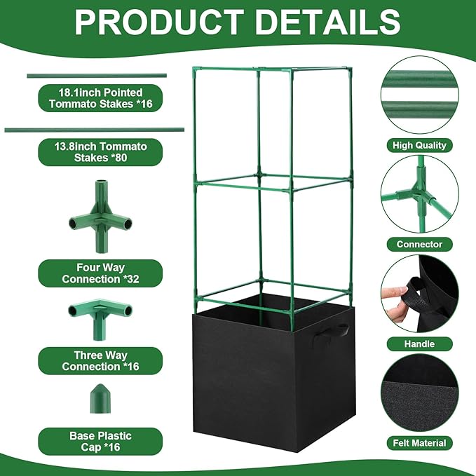 Wenqik 4 Pack Tomato Cage with 17.7 Gallon Large Grow Bags 47 Inch Tomato Planter with Trellis, 18 Clips and 328ft Twist Tie Garden Plant Pot Stakes Support for Vertical Climbing Cucumber
