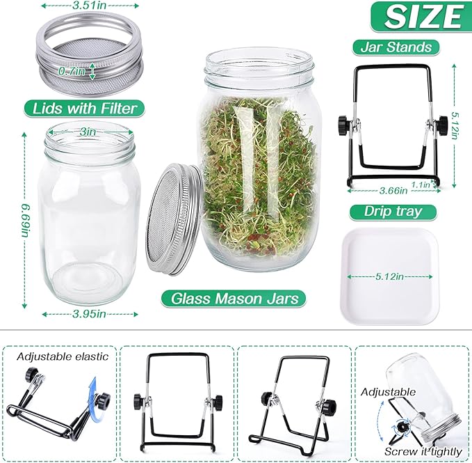 Kikerike Seed Sprouting Jar Kit with 1 Wide Mouth Mason Jars Bean Sprouts Growing Kit Microgreens Growing Jar with Mesh Screen Lids Sprouter Sprouts Maker for Growing Broccoli, Alfalfa, Mung Bean