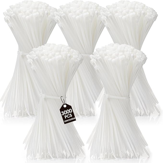 3000 Pieces Cable Zip Ties Bulk Heavy Duty Cable Ties Nylon Tie Wraps Self Locking Wire Ties for Plants Gardening Farming Grid Wall Fence Indoor and Outdoor(White, 12" (50lb))