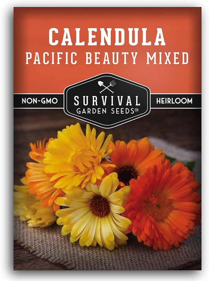 Pacific Beauty Mix Calendula Seeds for Planting – Colorful Heirloom Pot Marigold with Edible & Medicinal Flowers, Pollinator Friendly – Survival Garden Seeds (1 Pack)