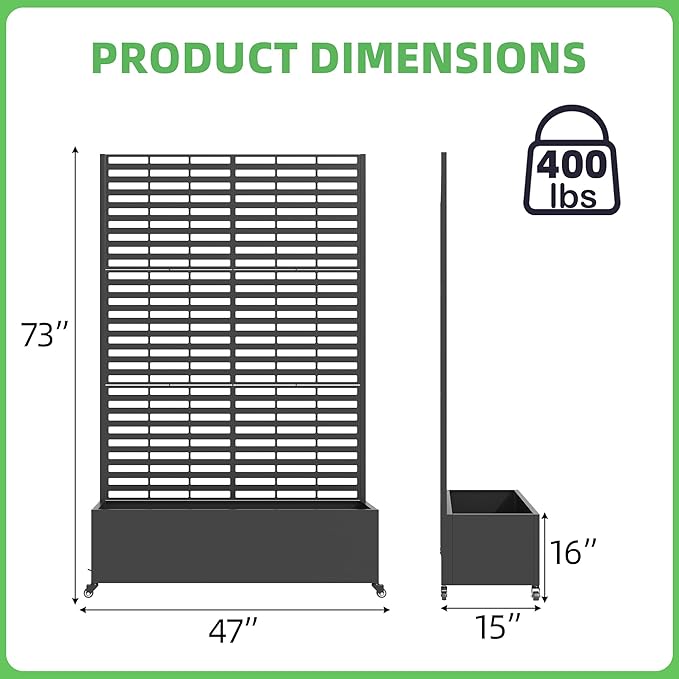 Metal Planter Box with Trellis, 73"x 47"x 16" Raised Garden Bed with Wheels and Drainage Holes, Planter with Trellis for Garden, Balcony and Patio, Black
