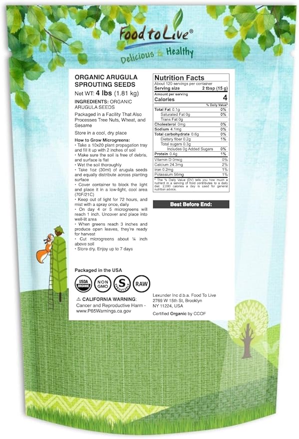 Food to Live Organic Arugula Sprouting Seeds, 4 Pounds - Non-GMO, Kosher, Great for Sprouting & Planting, High Germination Rate, Vegan Superfood, Bulk, Microgreens & Plants for Salads, San