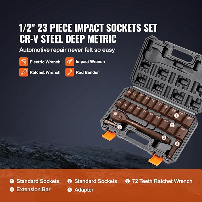 VEVOR 1/2" Drive Impact Socket Set, 23 Piece Socket Set SAE （7/16" -1"）& Metric （13-24mm）6 Point Cr-V Alloy Steel for Auto Repair with Ratchet Handle Rugged Construction Storage Case