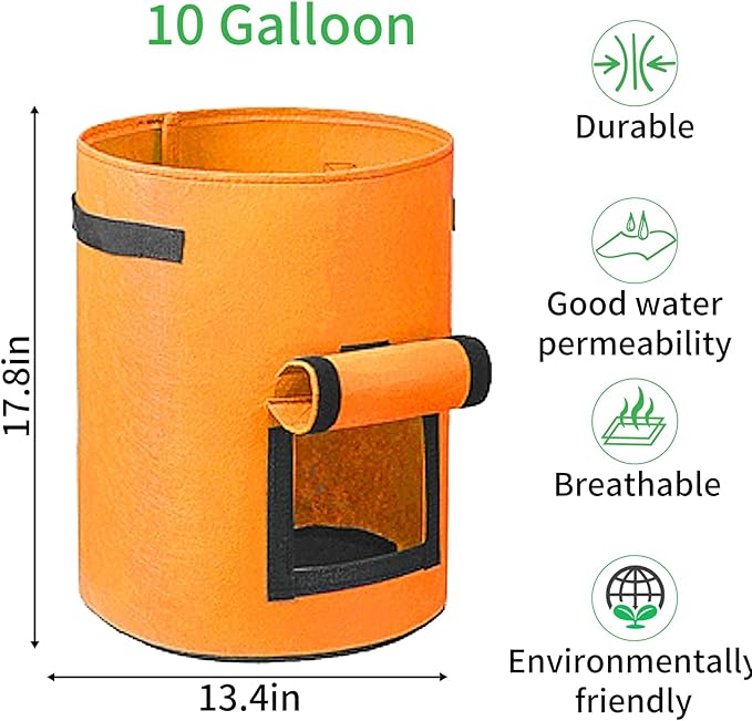 JJGoo 4 Pack Potato Grow Bags 10 Gallon with Flap, Heavy Duty Fabric with Handle and Harvest Window, Non-Woven Planter Pot Plant Garden Bags to Grow Vegetables Tomato, Orange