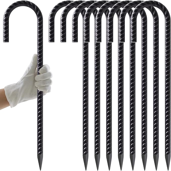 AAGUT Rebar Stakes 16 Inch J Hook Heavy Duty 8 Pack, 5/16 Inch Black Coated Metal Steel Ground Anchors Chain Link Fence Stakes for Camping Tent, Inflatables, Yard Decorations, Canopies & Swing Sets