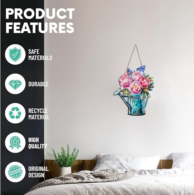Quterhero Watering Can Flower Wall Decor, Metal Hanging Art for Indoor Outdoor Wall or Porch, Vintage Farmhouse Porch Decor Gift for Mom, Women, Friends(Peony)