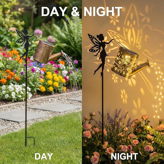 Solar Garden Outdoor Decorative, Watering Can with Layered Lighting, Featuring Metal Silhouette Garden Stake, Mother's Gift for Women, Waterproof Garden Decor (Fairy)