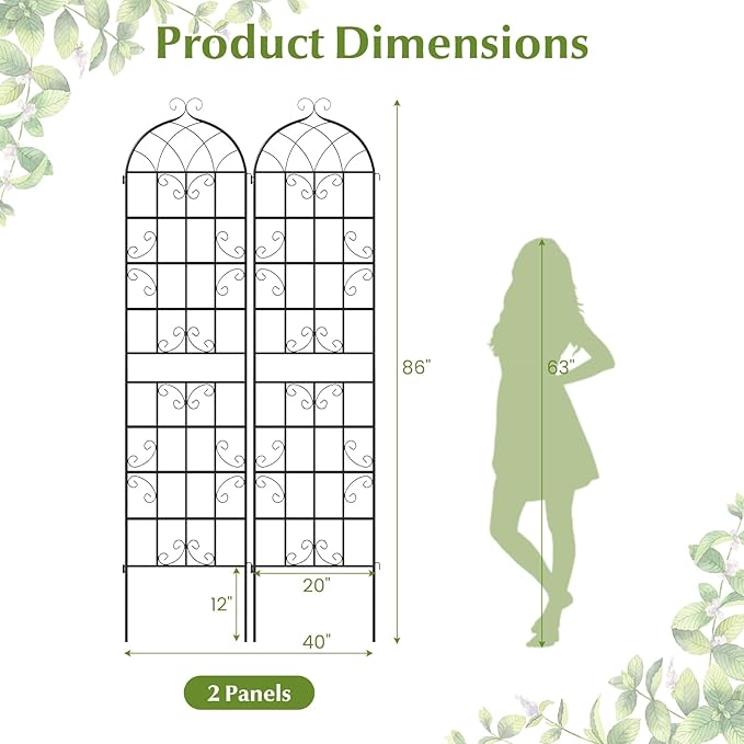 Giantex 2 Packs 86"x20" Metal Garden Trellis for Outdoor Climbing Plants, Heavy-Duty Plant Support for Vine Rose Vegetable Flower, Rustproof Black Metal Coating Patio Trellis Arch Decorative Fence